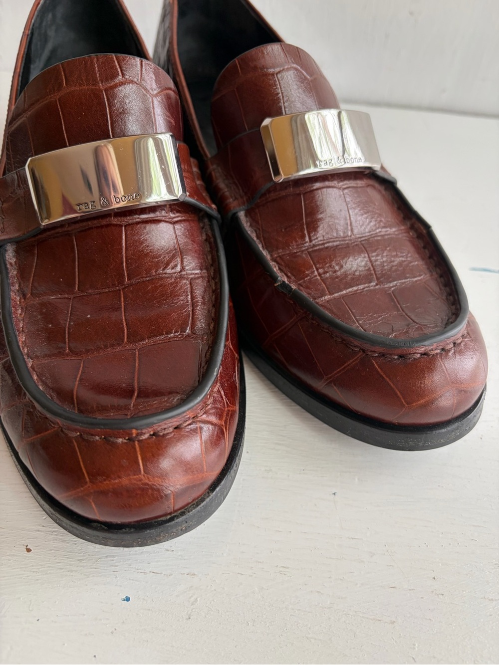 rag & bone Brown Croc-Embossed Leather Loafers – Silver Logo Hardware - Picture 9 of 11